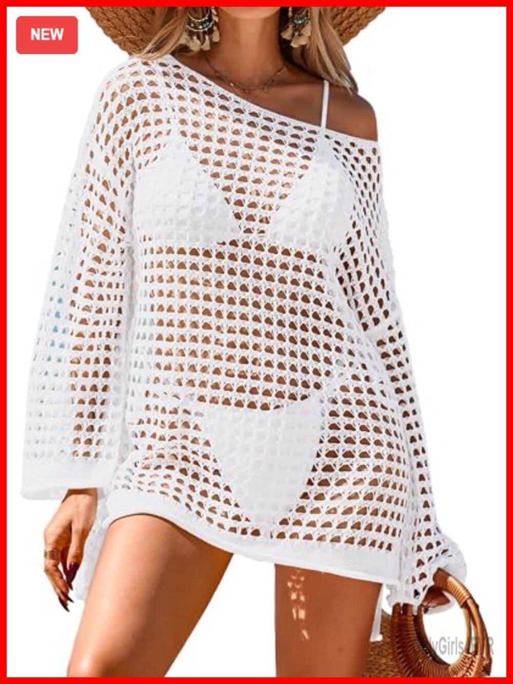 Oversized Crochet Long Sleeve Mesh Swimsuit Cover Up Mini Dress